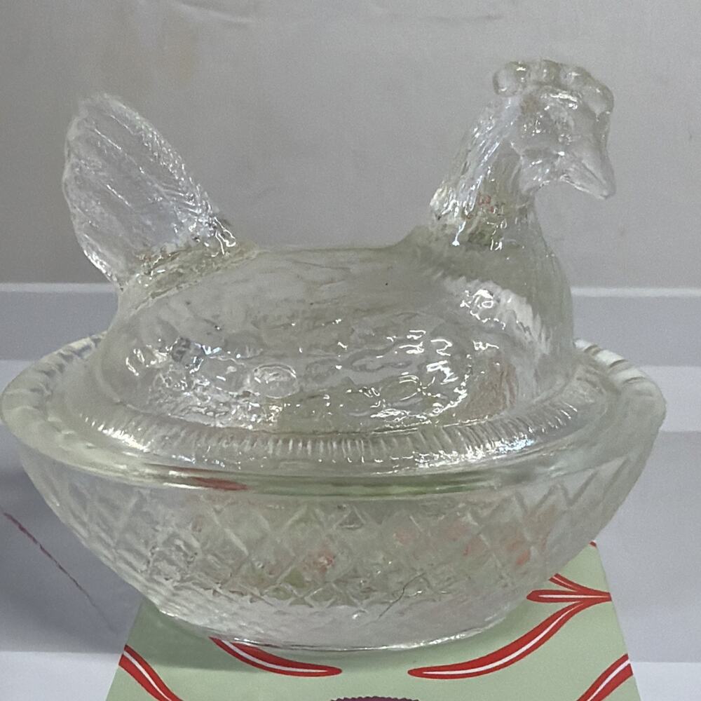 Vintage Glass Hen On Nest Chicken Salt Cellar Dish Two Pieces Clear